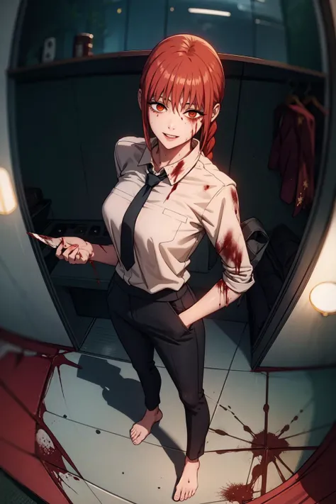 anime girl with red hair and a tie standing in a room