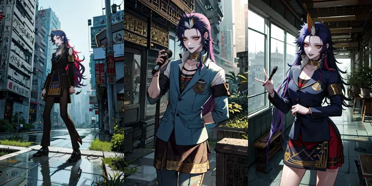 anime characters in costumes standing on a city street