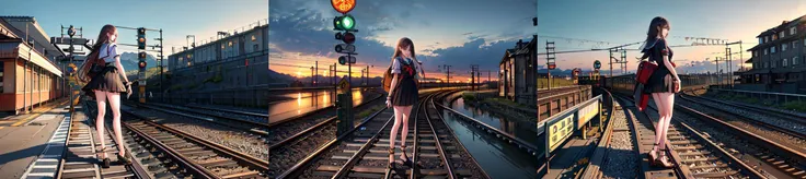 highly insanely detailed, masterpiece, top quality, best quality, highres, 4k, 8k, RAW photo, (train,stop,railroad tracks, railroad signal, sea,a girl waitng for train,train station:1.4), 1girl, (full body:1.2), from side, sailor dress, very long hair, bar...