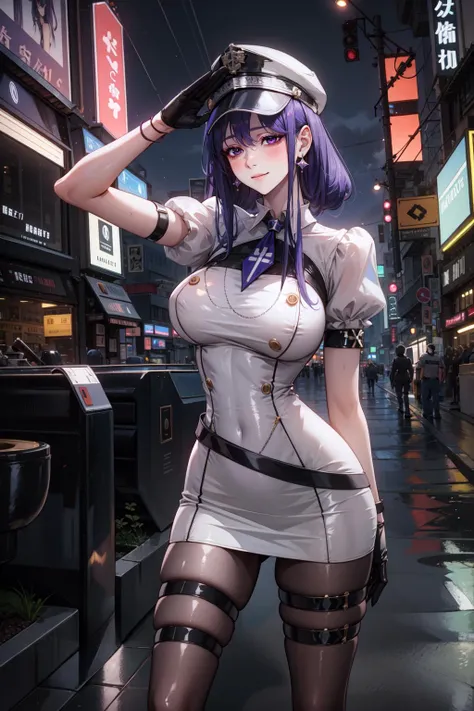 1girl, masterpiece, best quality, absurdres, outdoors, city, night, neon signs, cyberpunk, looking at viewer, lemon0001, white dress, uniform, black pantyhose, belt, purple medium hair, black hat, peaked cap, black gloves, puffy short sleeves, thigh strap,...