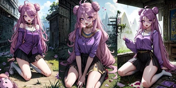 anime girl sitting on the ground with a purple outfit and a purple backpack