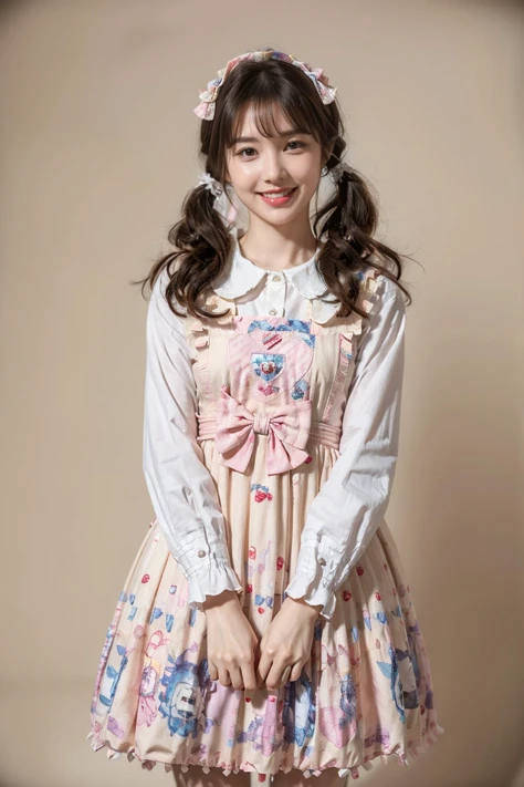 best quality, masterpiece, realistic, photorealistic, 1girl, solo, looking at viewer, smile, cowboy shot, standing, low twintails, hair bow, hair hair ornament, hair ribbon, bangs, cyb dress, white shirt, pinafore dress, print dress, simple background, <lo...