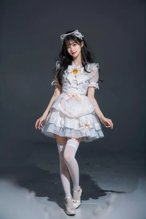 a woman in a white dress and white tights posing for a photo