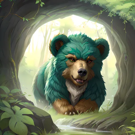 neonpunk style ethereal fantasy concept art of a bear is in the middle of a forest with a green background and a gold frame around it, with a bears head in the center of the frame, Du Jin, splash art, a character portrait, furry art <lora:Wakaba-Subaru:0.8...