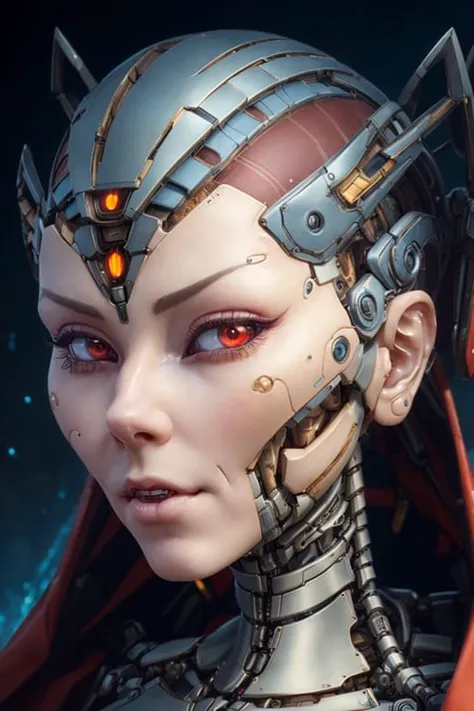 a close up of a woman with a futuristic headpiece and red eyes