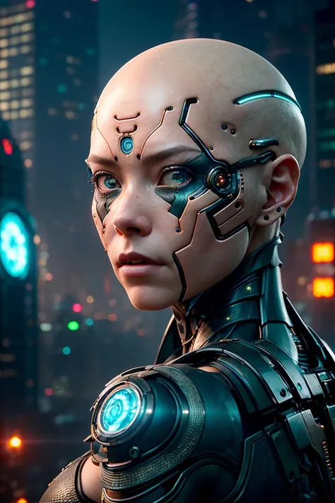 a close up of a person with a futuristic head and a futuristic face