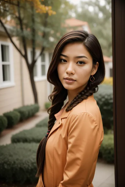 a close up of a woman with long hair wearing a jacket