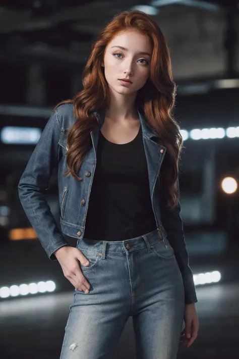 a woman in jeans and a black top standing in a parking lot