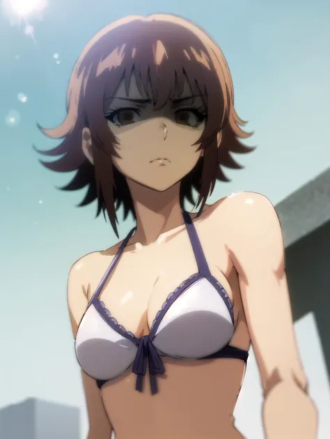 absurdres, highres, ultra detailed,
<lora:chara_GrandBlue_KotegawaChisa_v1:1> kotegawa chisa, brown eyes, front-tie bikini top, white bikini, large breasts, expressionless, blank eyes, look down, blank stare, looking at viewer, (squint, frown:1.2), shaded ...