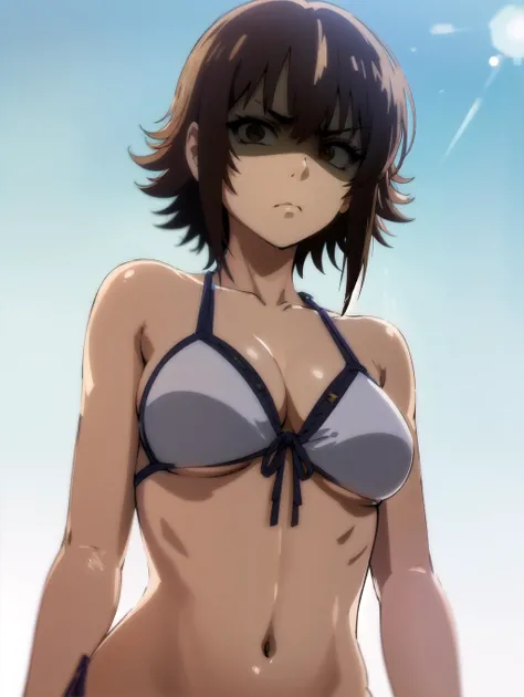 absurdres, highres, ultra detailed,
<lora:chara_GrandBlue_KotegawaChisa_v1:0.8> kotegawa chisa, brown eyes, front-tie bikini top, white bikini, large breasts, expressionless, blank eyes, look down, blank stare, looking at viewer, (squint, frown:1.2), troub...