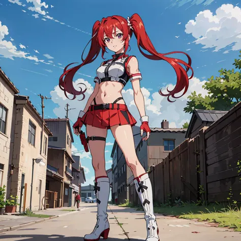 masterpiece,high quality,ultra high definition,solo,outdoors,
<lora:Hildegard_Crossange:0.4>,
Hildegard_Crossange,1girl,
long hair,twintails,red hair,midriff,navel,red miniskirt,fingerless gloves,white footwear,high heel boots,
standing,