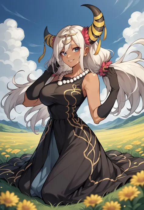 a woman in a black dress and horns is standing in a field