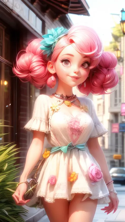 a close up of a woman with pink hair and a dress