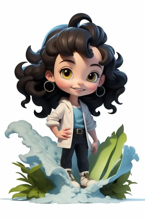 a cartoon girl with a white coat and black hair standing on a wave