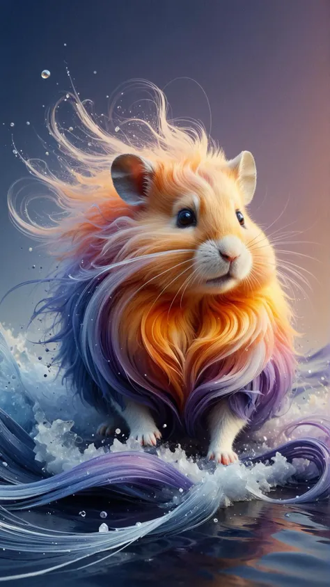 a painting of a hamster with long hair riding a wave