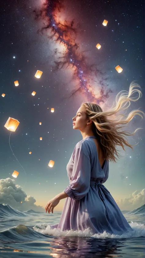 a woman in a dress standing in the water with lanterns floating in the sky