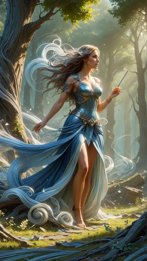 a woman in a blue dress is walking through a forest