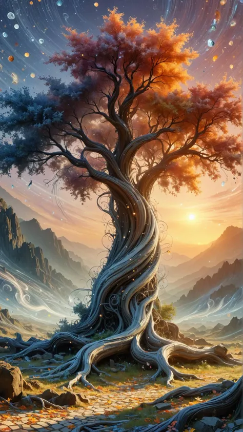 <lora:ElementWindSDXL:1>ElementWind Digital art mosaic of an ancient tree, vivid colors, intricate patterns, stories etched on the trees bark, collage of memories, textured background, watercolor effect, soft focus, warm atmosphere, glowing lanterns, sunse...