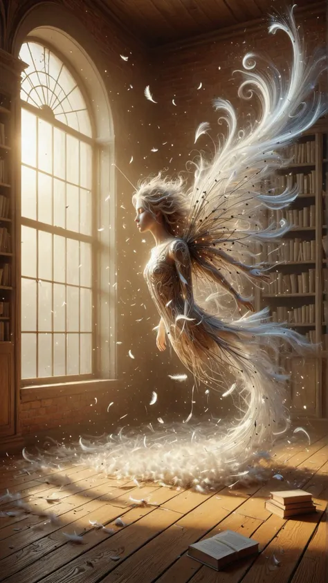 a woman flying through the air in a room with books