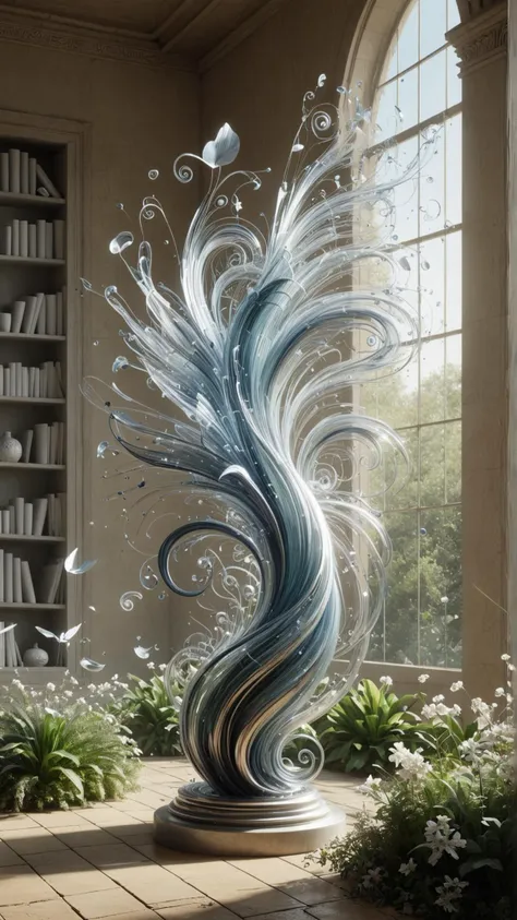 a close up of a sculpture of a wave with a bird flying around