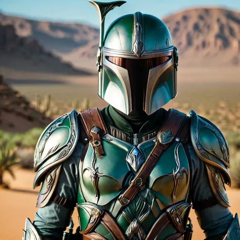 the mandalorian wearing a green and silver ral-epochelves armor,highly detailed,desert backround,photography, ultra sharp,film,bokeh, professional,Mandalorian1024, ral-epochelves, <lora:ral-epochelves-sdxl:1.0>