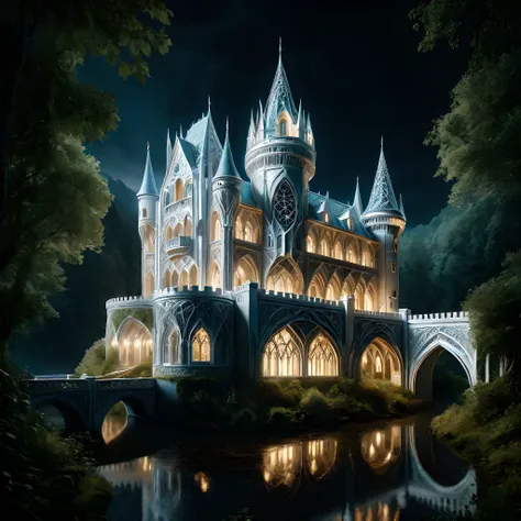 <lora:ral-epochelves-sdxl:0.7>,ral-epochelves,photo shot of an old white overgrown filligree elve castle,Rivendell,forest,river,dark night,magic atmosphere,romantic,lord of the rings inspired,cinematic shot,warm light,beautiful scenery,masterpiece,enchante...