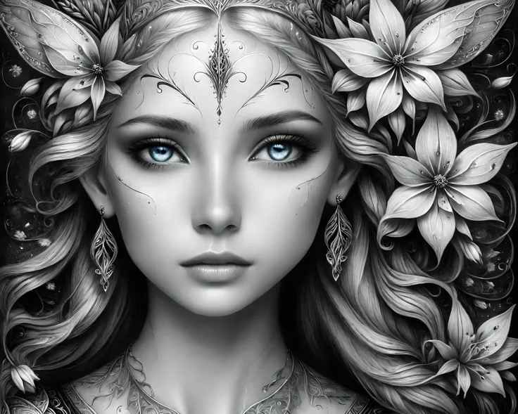 pencil drawing (black and white:1.2),a hyper detailed close up portrait of a beautiful fairy,flowers in the backround,complex composition,illustration,drawing,art,cinematic,16K,detailing,trending on artstation,watercolor,sharp focus,studio photo,intricate ...