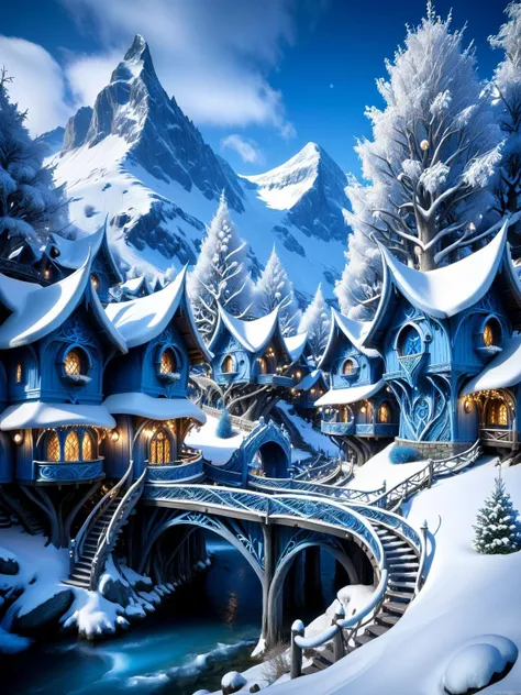 ral-epochelves, An intriguing depiction of a hidden blue elf village, with elaborate tree houses and festive lights, hidden in a snowy mountain range <lora:ral-epochelves-sdxl:1>, mysterious, HDR, captured with a Hasselblad X1D for a classic, timeless qual...