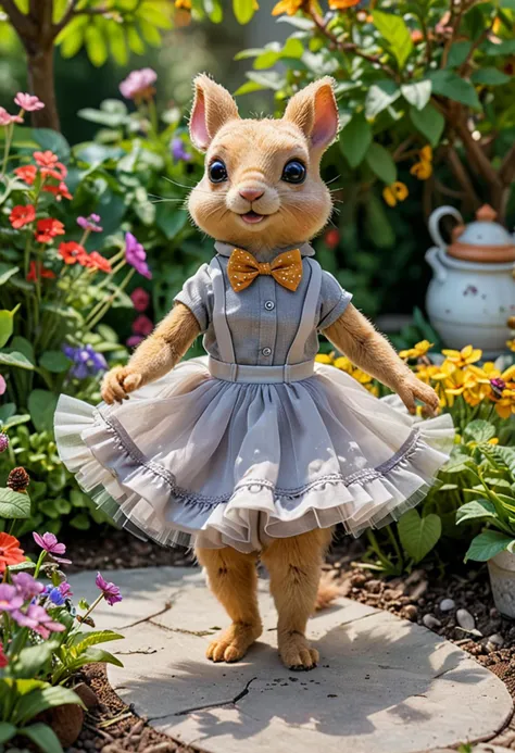 (medium full shot) of (sweet doll)  dressed in a light gray bow-tie top, tulle petticoat, miniature sandals, cute freckles, little scarf, dancing at a party, located in  a vibrant garden, with lively flowers, colorful plants, playful squirrels, cheerful be...