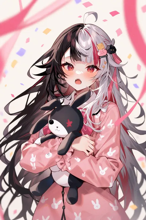 <lora:arutera_XL:1>,1girl, pajamas, multicolored hair, long hair, virtual youtuber, solo, black hair, stuffed toy, split-color hair, open mouth, red eyes, streaked hair, stuffed animal, hair ornament, blush, stuffed bunny, white hair, looking at viewer, tw...