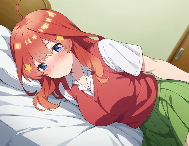 anime girl laying on a bed with a red headband