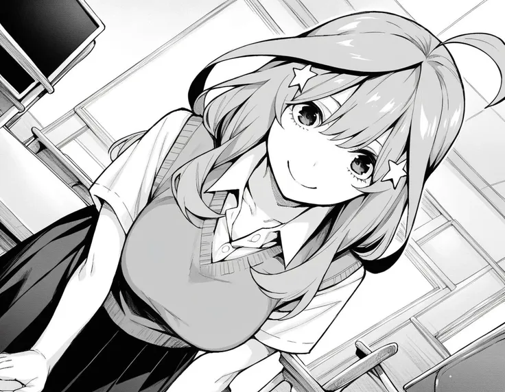 anime girl in a school uniform standing in front of a desk