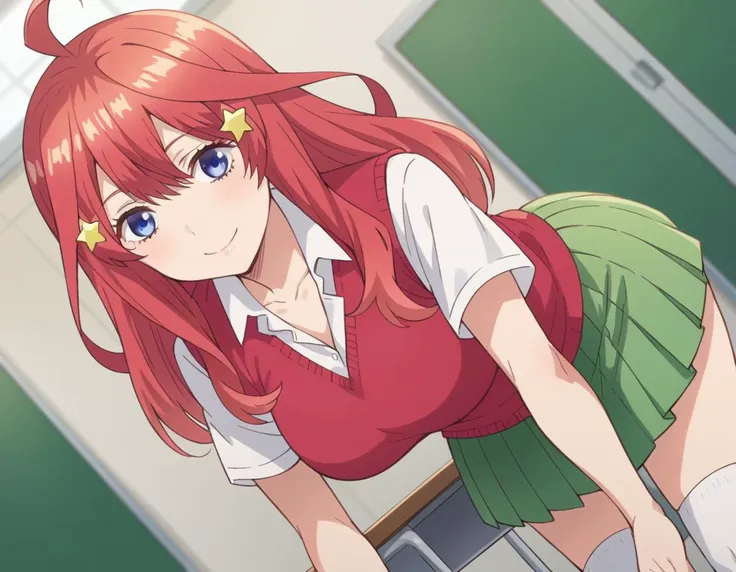 anime girl with red hair and green skirt leaning on a table