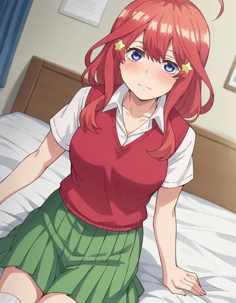 anime girl in a green skirt and red shirt sitting on a bed