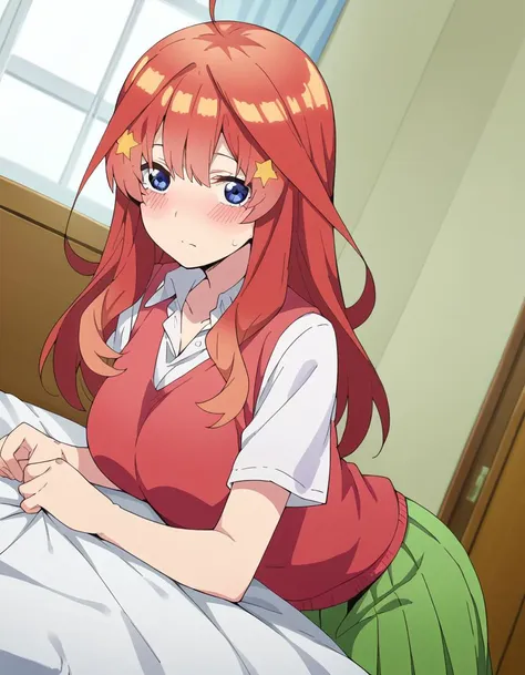 anime girl with red hair sitting on bed in room