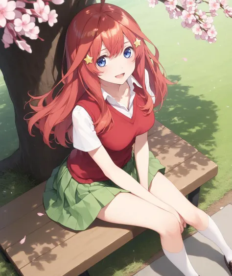 anime girl sitting on a bench under a tree with pink flowers