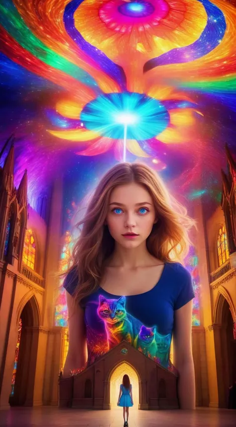 Psychedelic style fflix_impphoto Deep inside the cathedral of colorful lights, a mysterious world unfolds in which a surreal girl with blue eyes wanders, lost in an enigmatic, surreal dreamscape, watched over by a large flying cat. Cinematic, non-standard,...