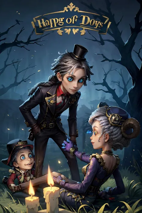 a cartoon image of two children and a man in a top hat and top hat