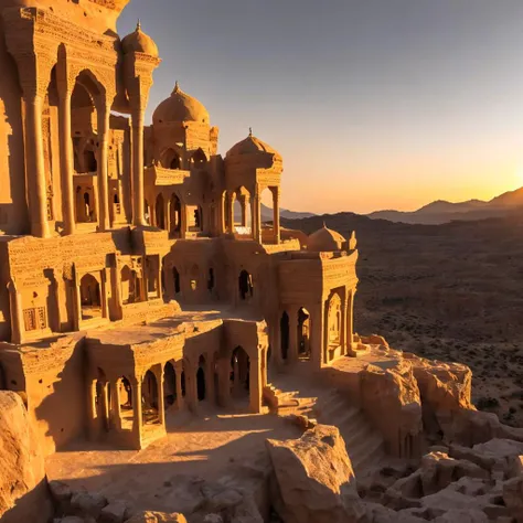 <lora:ArabianTown-10:1> arto , a palace on top of a rocky plateau in a desert, at sunset