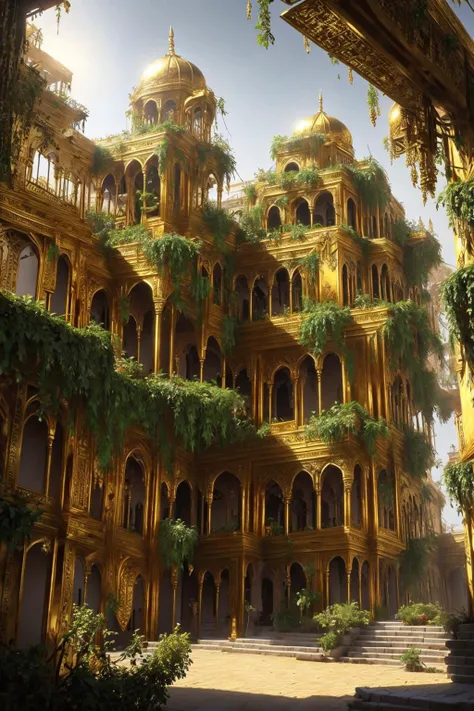 <lora:ArabianTown-10:1> arto a verdant garden, (buildings made of gold:1.3)