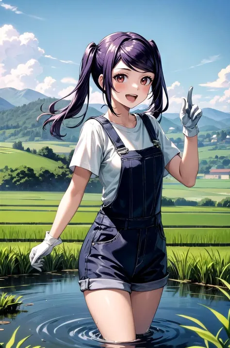 (masterpiece, best quality, detailed), 1girl, solo, looking at viewer, defJill, twintails, overalls, short sleeves, white gloves, green shirt, rice paddy, rural, mud, power lines, scenery, hill, mountainous horizon, hill, wading, splashing, smile, open mou...