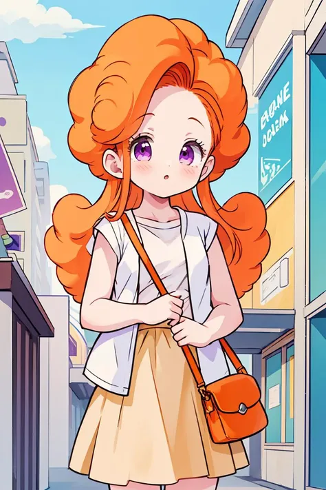 (masterpiece, best quality), 1girl,   <lora:cocoangela_v5_prod:1> angela, orange hair, purple eyes, curly hair, long hair   white t-shirt, teal skirt, short sleeves || yellow dress, white open sweater, sleeveless, handbag, shoulder strap