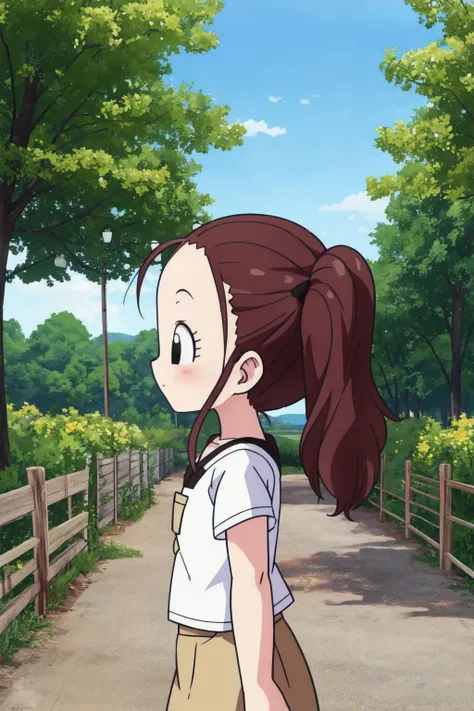 a woman in a white shirt and brown skirt walking down a path