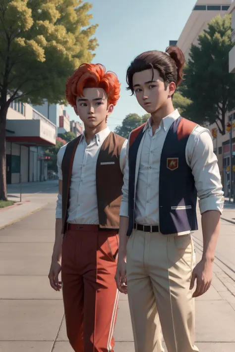 two people standing on a sidewalk with a red hair and a vest