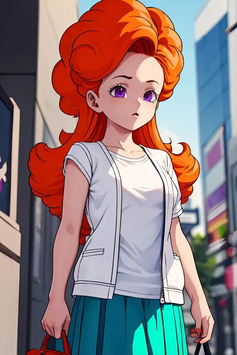 (masterpiece, best quality), 1girl,   <lora:cocoangela_v5_prod:1> angela, orange hair, purple eyes, curly hair, long hair   white t-shirt, teal skirt, short sleeves || yellow dress, white open sweater, sleeveless, handbag, shoulder strap