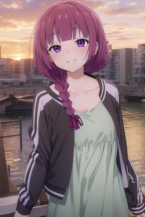 hiroikikuri, <lora:kikuri hiroi s1-lora-nochekaiser:1>, 
kikuri hiroi, black bow, blunt bangs, braid, closed eyes, (purple eyes:1.1), fang, hair bow, hair over shoulder, long hair, purple hair, sidelocks, single braid, smile, grin, fangs,  teeth,
BREAK bla...