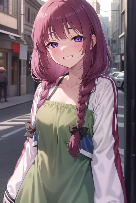 anime girl with long pink hair and green dress standing on street corner