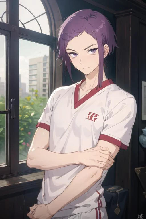 masterpiece, best quality, high quality, 1boy, solo, male focus, looking at viewer, upper body, <lora:kishou_yamada_asaemon:0.52>, kishou_yamada_asaemon, purple hair, purple eyes, , gym uniform