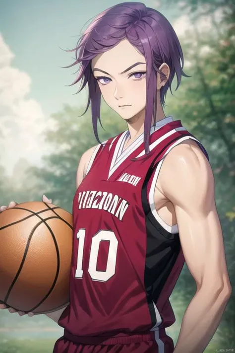 masterpiece, best quality, high quality, 1boy, solo, male focus, looking at viewer, upper body, <lora:kishou_yamada_asaemon:0.70>, kishou_yamada_asaemon, purple hair, purple eyes, , basketball uniform