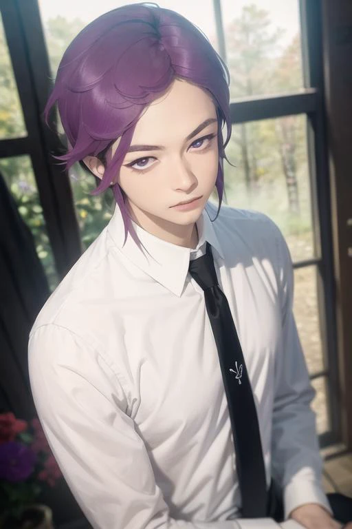 masterpiece, best quality, high quality, 1boy, solo, male focus, looking at viewer, upper body, <lora:kishou_yamada_asaemon:0.70>, kishou_yamada_asaemon, purple hair, purple eyes, , formal, necktie, dress shirt